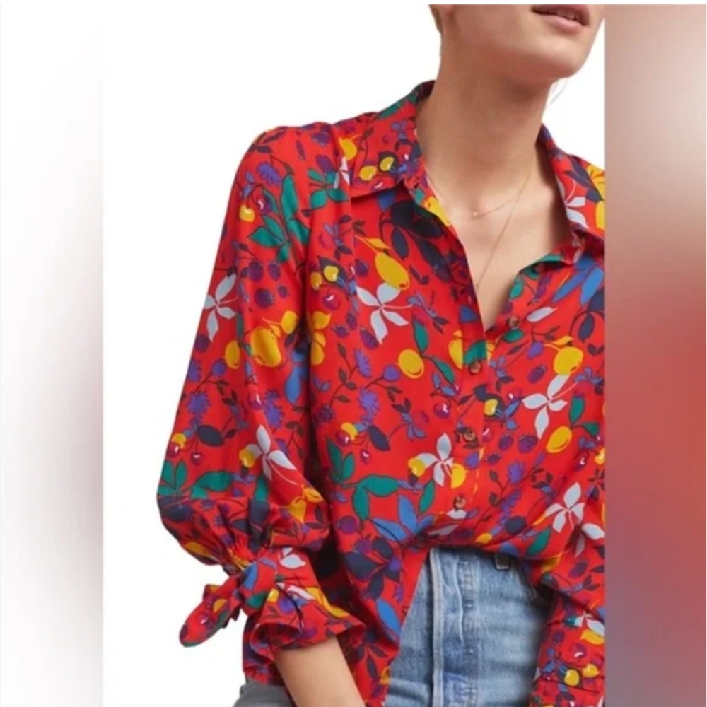 Maeve Blitche womens button down fruity floral
Red Blouse long Sleeve top